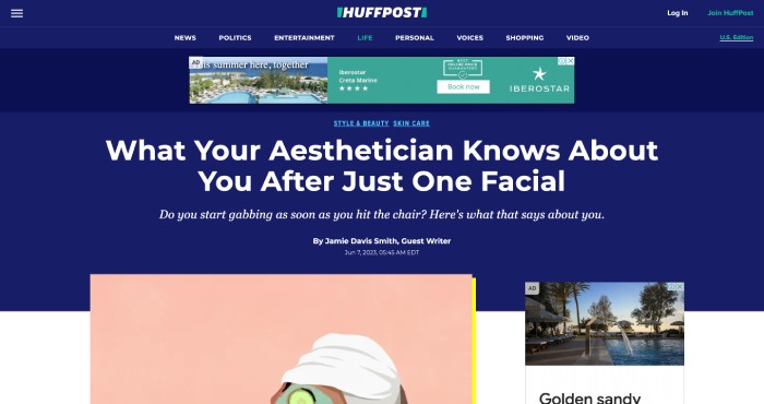 An image featuring a HuffSpot article entitled "What your Aesthetician Knows ... [848485]