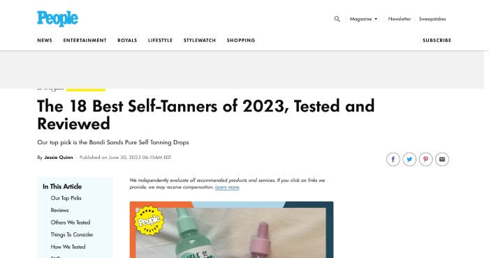 An image featuring a People article entitled "The 18 Best Self-Tanners of 202... [0eda2d]