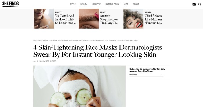 An image featuring a SheFinds article entitled "4 Skin-Tightening Face Masks ... [feab62]