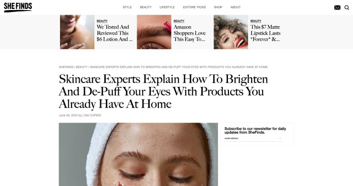 An image featuring a SheFinds article entitled "Skincare Experts Explain How ... [4bdc4f]
