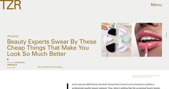 An image featuring a TZR article entitled "Beauty Experts Swear by These Chea... [bfdb21]