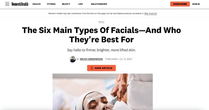 An image featuring a Women's Health blog: "The Six Main Types of Facials-And ... [2e59b3]