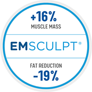 Ensculpt Neo badge with written words: "+16% Muscle Mass, Fat Reduction -19%." [2c67d8]