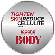 Icoone badge with written words: Tighten skin, Reduce cellulite, with Icoone ... [367e26]