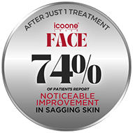 Icoone badge saying: After just 1 treatment, 74% Noticeable Improvement in Sa... [5f31f6]
