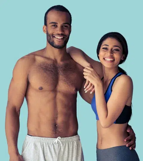 A happy couple with perfect body shape showing promising results of Cryo T-Sh... [854418]