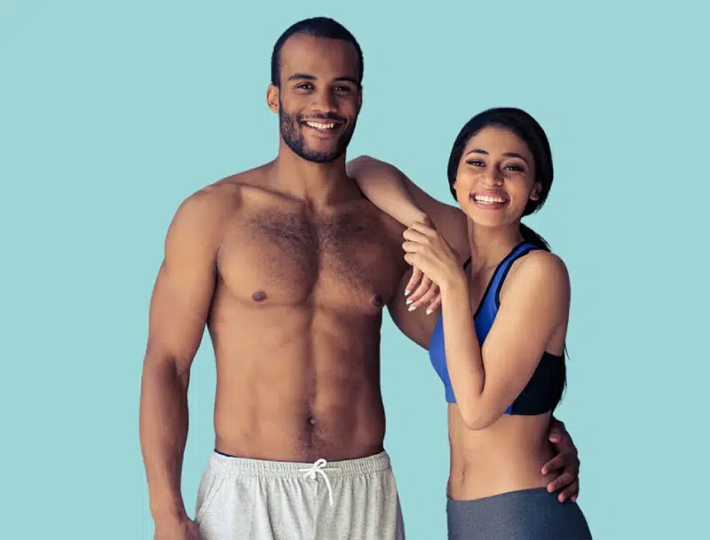 A happy couple with perfect body shape showing promising results of Cryo T-Sh... [854418]